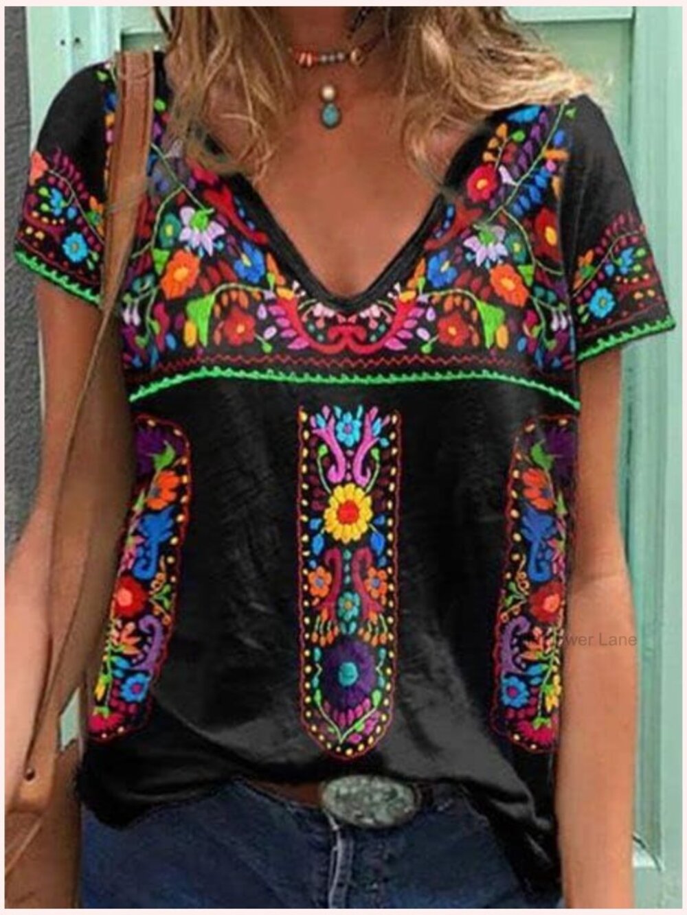 V Neck Short Sleeve Floral Embroidered Peasant Tunic Tee - Picture 2 of 2